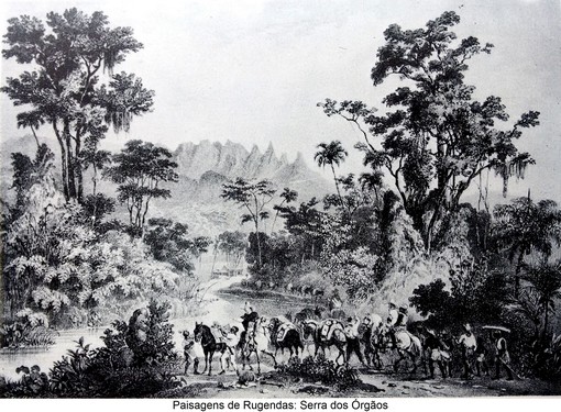 Tropeiros na Serra dos Órgãos, por Rugendas, prancha 15 das paisagens em Viagem Pitoresca através do Brasil