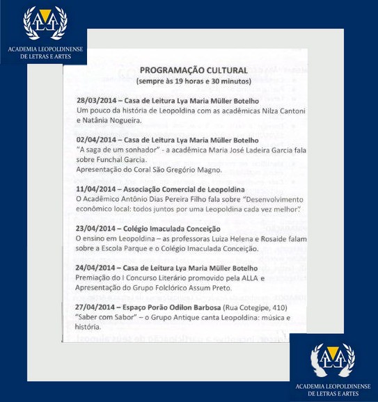Programação Cultural do mês de abril 2014