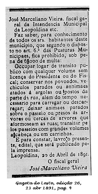 Aviso do Fiscal de Posturas em 1891
