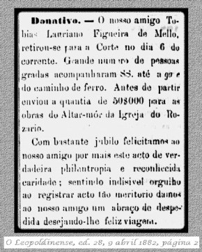 Donativo para as obras da Igreja do Rosário, Leopoldina, MG